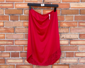 vintage 80s red lace trim slip skirt  / m l medium large