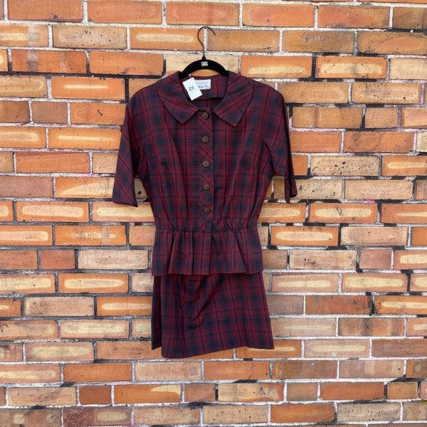 vintage 40s nelly don red plaid short sleeve cotton skirt suit / s small