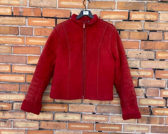 Vintage 90er rote Lammfell-Leder-Moto-Jacke / m l mittelgroße