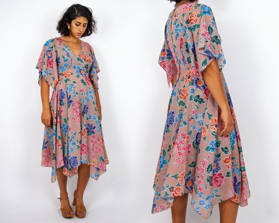 70s Flutter Sleeve Maxi Dress M - L
