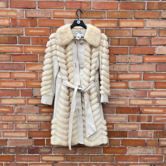 vintage 60s white mink fur leather trench coat / … - image 1