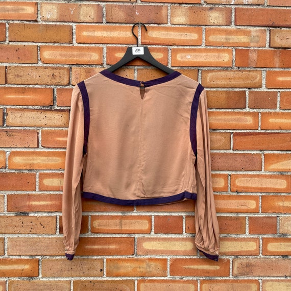 vintage 80s brown rayon cropped blouse / m medium - image 2