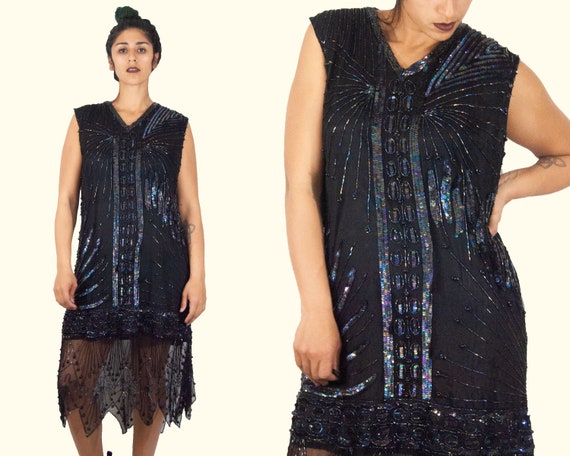 80s Does 20s Sequin Flapper Dress L / XL