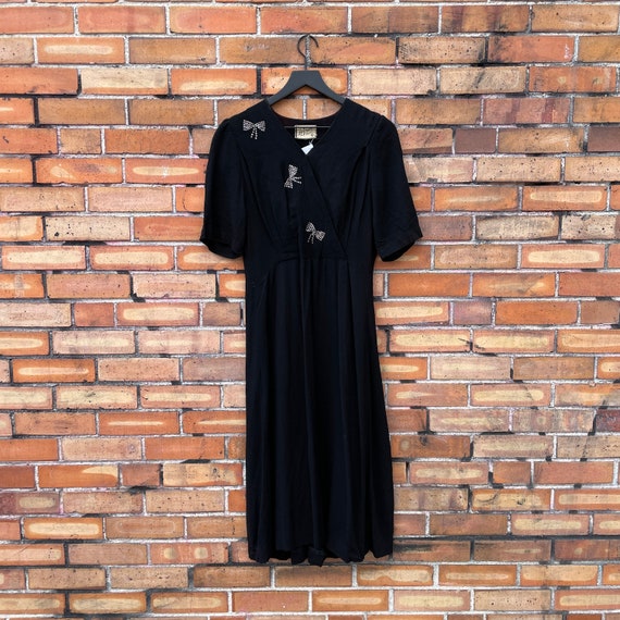 vintage 40s black rhinestone crepe rayon dress / … - image 1