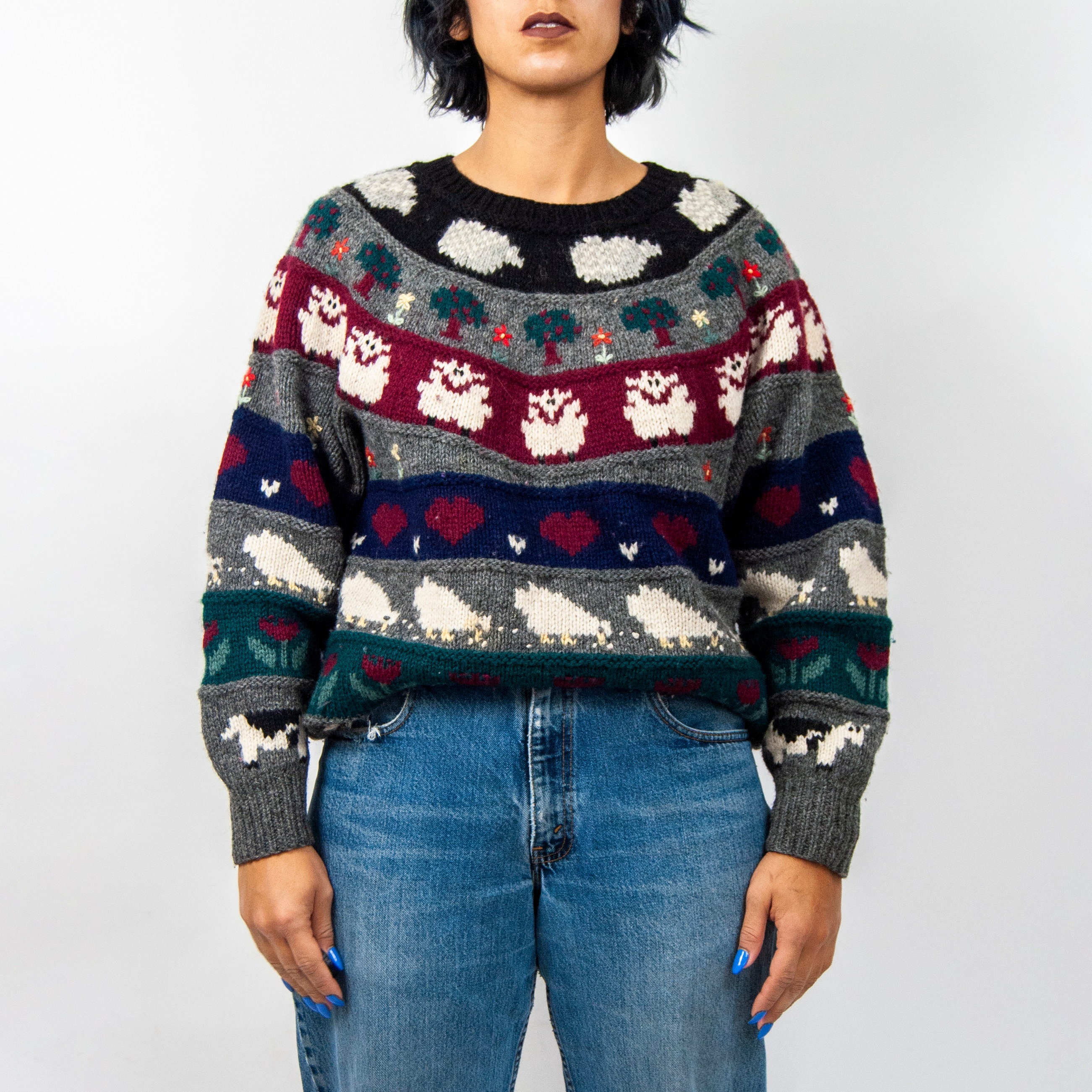 90s Wool Farm Scene Sweater L Large 