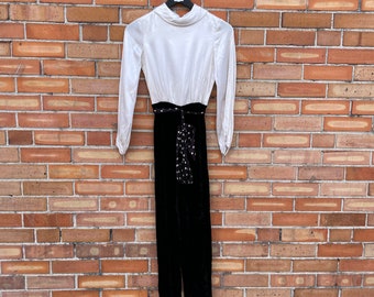 vintage 60s black and white satin velvet polka dot jumpsuit / xs extra small petite