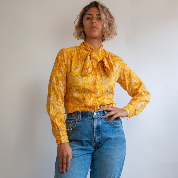 70s Orange Snakeskin Blouse M Medium L 