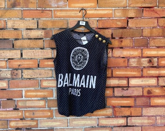 balmain black linen polka dot logo top / 34 xxs extra small