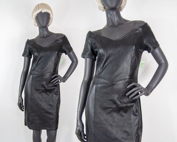 80s Off the Shoulder Leather Dress L / M