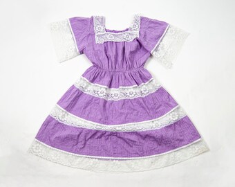 vintage mexican purple pintuck minidress / m medium / lilac dress / traditional mexican dress / light purple dress / short sleeve dress /