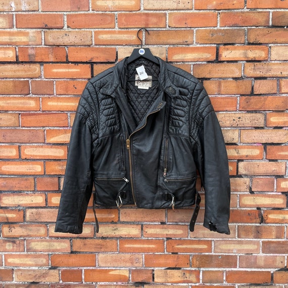 vintage 80s black quilted leather moto jacket / m… - image 1