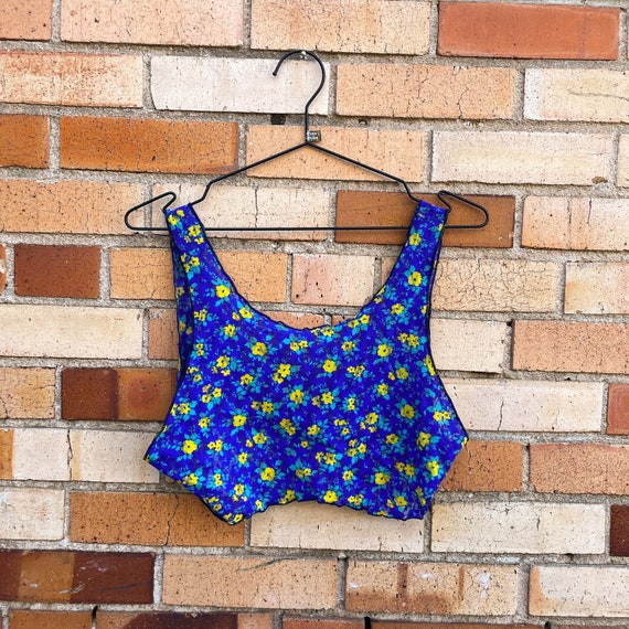 vintage 70s/80s blue floral mesh bra top / m medi… - image 1