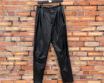 vintage 80s black pleated leather trousers/ 29 m medium