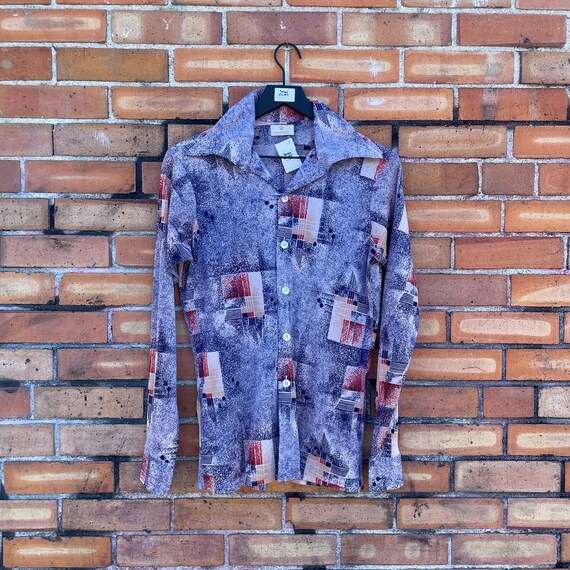 Vintage 70s Green and White Abstract Print Shirt L