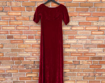 vintage 60s red velvet empire waist column dress / xs extra small