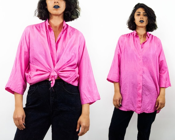 90s Hot Pink Oversized Silk Blouse OSFM / L / XL