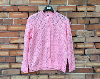 vintage 60s pink crochet cardigan / l xl extra large