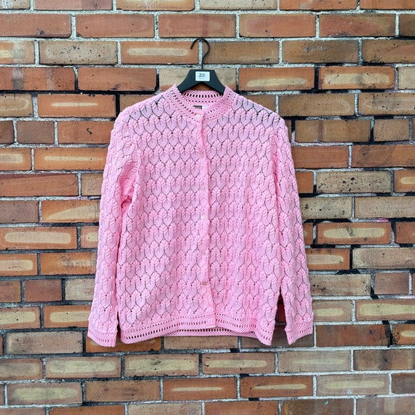 vintage 60s pink crochet cardigan / l xl extra large