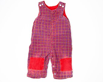 60s/70s kids plaid corduroy overalls / 12 months / vintage kids plaid red jumpsuit