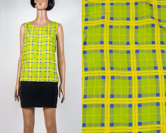 Y2K Neon Plaid Silk Blouse S