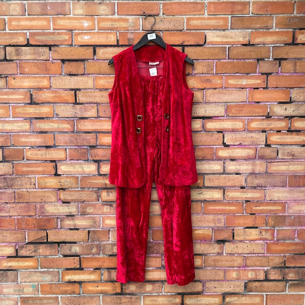vintage 70s red velvet pant suit / m l medium large