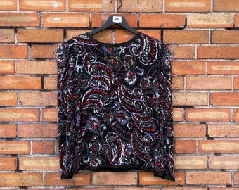 vintage 90s black oleg cassini beaded silk evening blouse / m l medium large