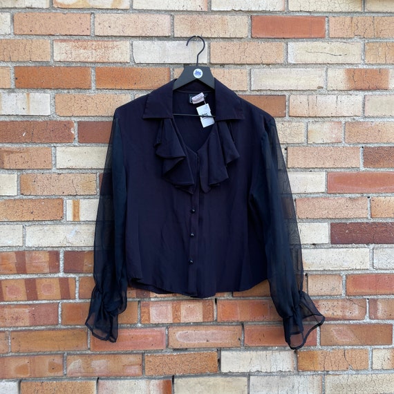 vintage 90s black sheer sleeve ruffle blouse / m … - image 1