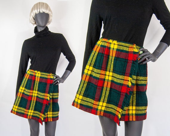 60s Plaid Wrap Mini Skirt 25" / XS