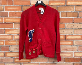 vintage 60s red wool hjh music varsity cardigan / xs s extra small