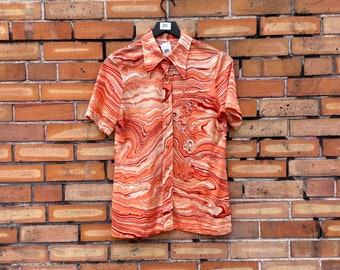 vintage 70s orange marble print short sleeve blouse / l large