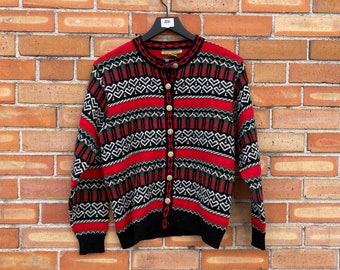 vintage 80s red heart print fair isle nordic cardigan / s small