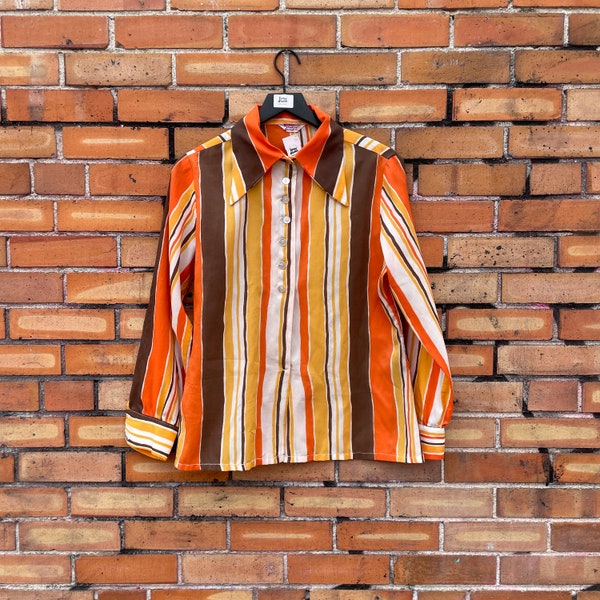 vintage 70s orange striped button down blouse / l large