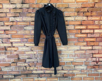 vintage 70s black ruffle belted swing coat / m medium