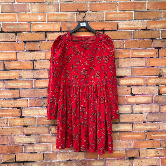 vintage 80s laura ashley red corduroy dress / s m… - image 1