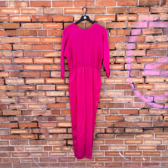 vintage 80s pink satin jumpsuit / s m small medium - image 1