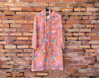 vintage 70s pastel peach orange floral shirt dress / l large