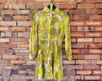 vintage 60s yellow mod pop art psychedelic mini dress / xs extra small
