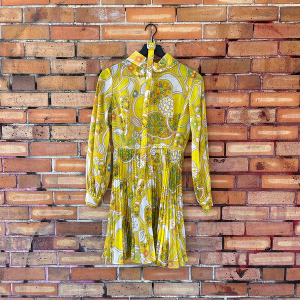 vintage 60s yellow mod pop art psychedelic mini dress / xs extra small