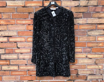 vintage 90s black sequin long line jacket / m medium