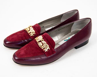 90s red leather gold tone elephant loafers / w 7.5 / suede loafers / vintage loafers / fall loafers / kitschy loafers / novelty shoes