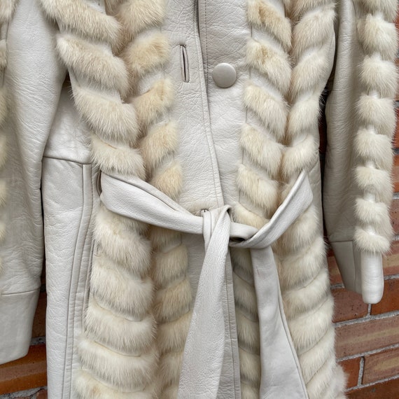 vintage 60s white mink fur leather trench coat / … - image 8