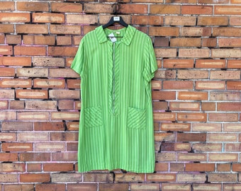 vintage 60s chartreuse green striped rayon mini dress / xl 2xl xxl extra large