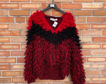 vintage 80s red and black loop knit shag sweater / l large