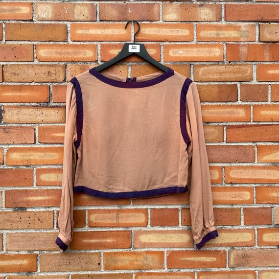 vintage 80s brown rayon cropped blouse / m medium - image 1