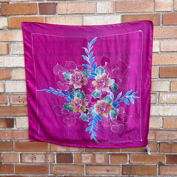 vintage hot pink peony print silk scarf / 29in x 2