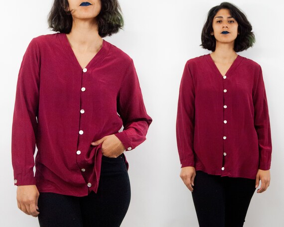 80s Maroon Romance Silk Blouse L