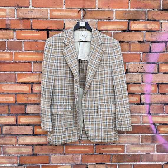 vintage 70s brown beige wool plaid sports coat bl… - image 1