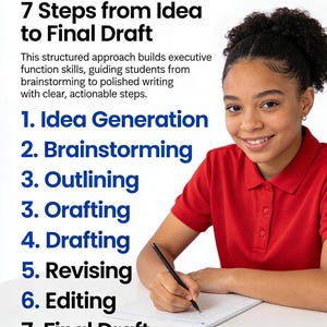 Pode incluir: Imagem que promove habilidades de escrita. O texto diz: "The Write Path: 7 Steps from Idea to Final Draft." Uma pessoa jovem com uma camisa vermelha está escrevendo em um bloco de notas com uma caneta. As etapas incluem geração de ideias, brainstorming, esboço, rascunho, revisão, edição e rascunho final.