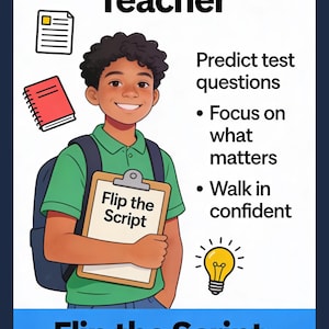 Könnte beinhalten: Illustration zur Förderung von Lernfähigkeiten. Das Bild zeigt ein lächelndes Kind, das einen Klemmbrett mit der Aufschrift "Flip the Script" hält. Der Text enthält "Schlauer lernen: Denke wie dein Lehrer" und Lerntipps.