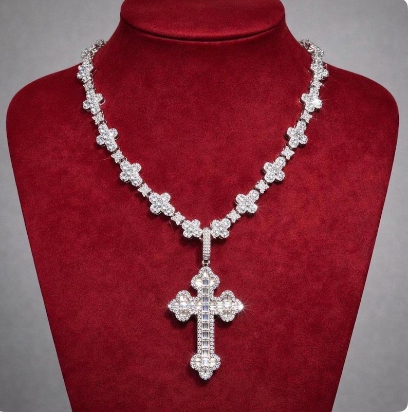 Iced Out Cross Pendant Necklace, 20 Inch Tennis Chain, CZ Diamond Hip ...